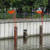 Parodia, Baustahlträger und Edelstahl, Höhe 600cm, Installation an der Spree in Berlin